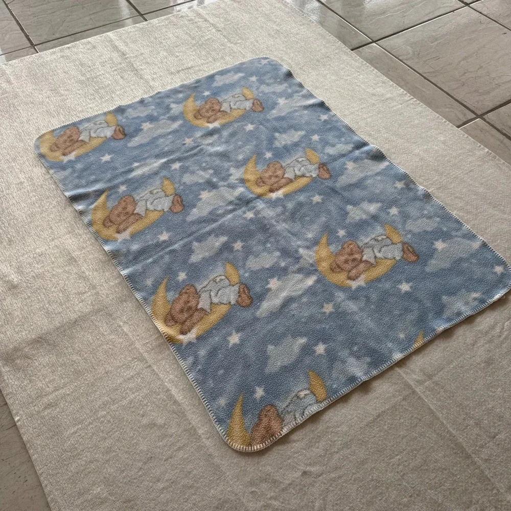 Vintage Dolly Boyd's Collection Teddy Bear Baby Blanket Moon Stars Blue 28x36